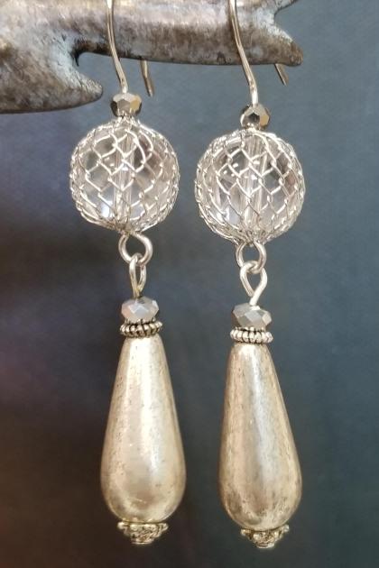 Antiqued Silver Tear Drop and Caged Bead Earrings