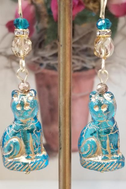 Aqua Glass Cat Earrings