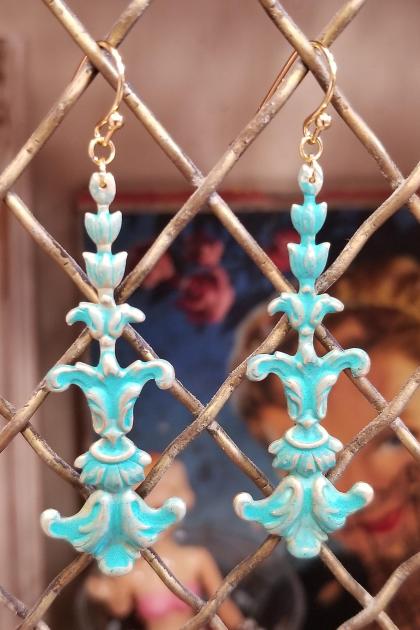 Verdigris Patina Fleur Dangle Earrings