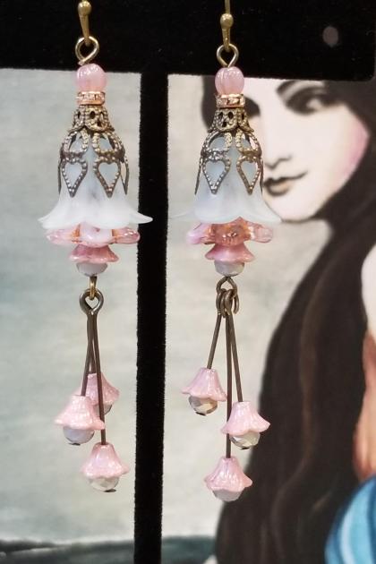 Baby Blue and Powder Pink Flower Dangle Earrings