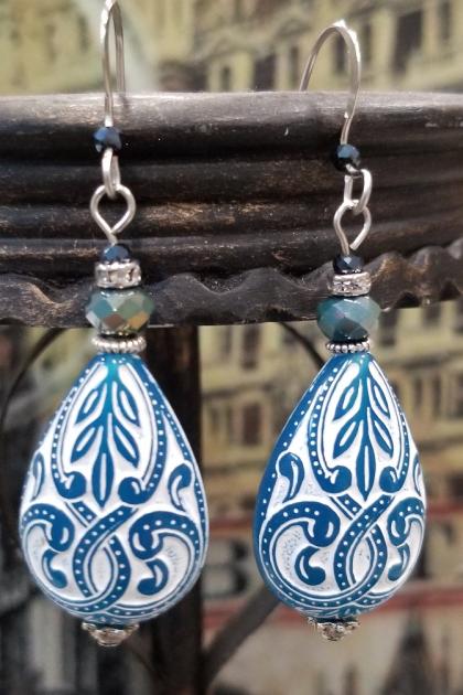 Blue and White Tear Drop Earrings