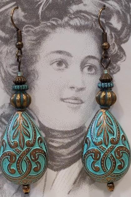 Turquoise Patina and Bronze Teardrop Earrings