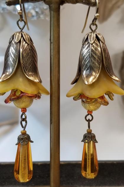 Golden Amber Tulip Flower Earrings
