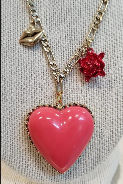 Betsey Johnson Coral Heart and Gold Lips Necklace