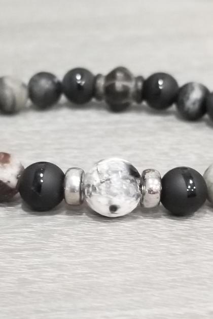 Men's Stretch Bracelet with Black and White Stone Beads