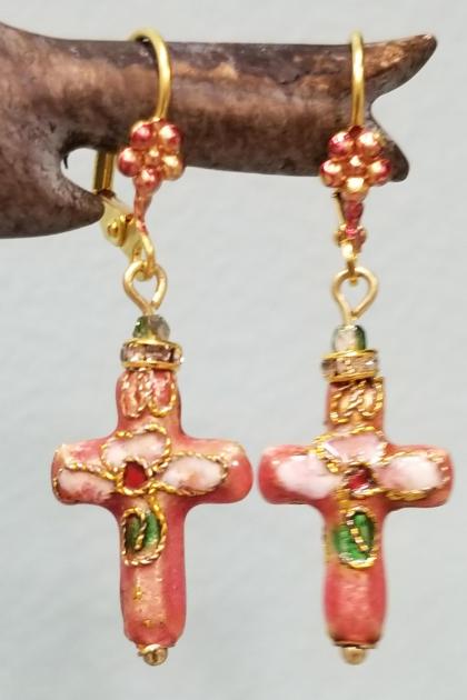Dusty Rose Cloisonne Cross Earrings