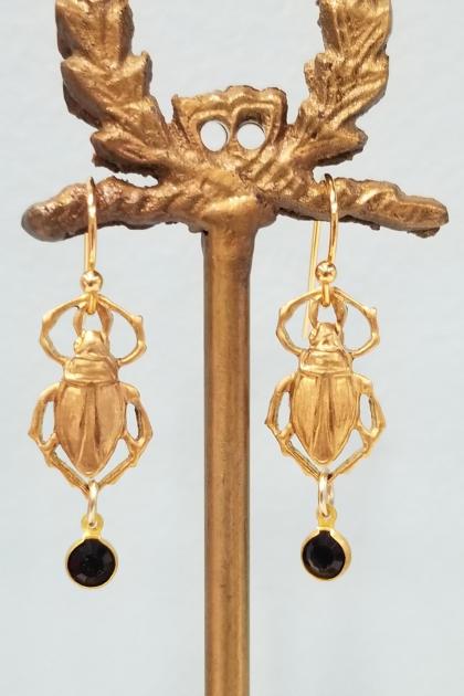Golden Beetle and Black Drop Earrings