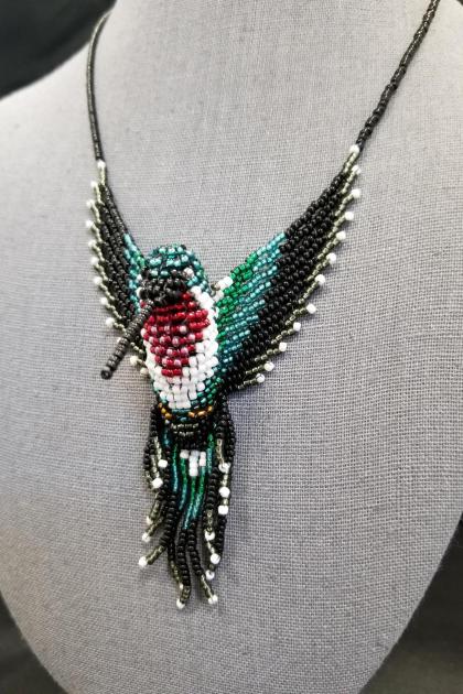 Ruby Throated Hummingbird 3-D Beaded Necklace