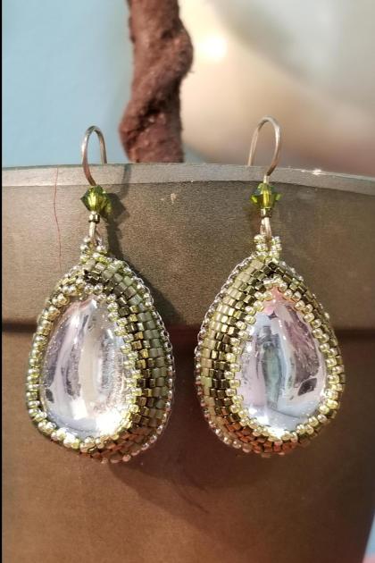 Clear and Olive Green Icy Rain Drop Bead Embroidered Earrings