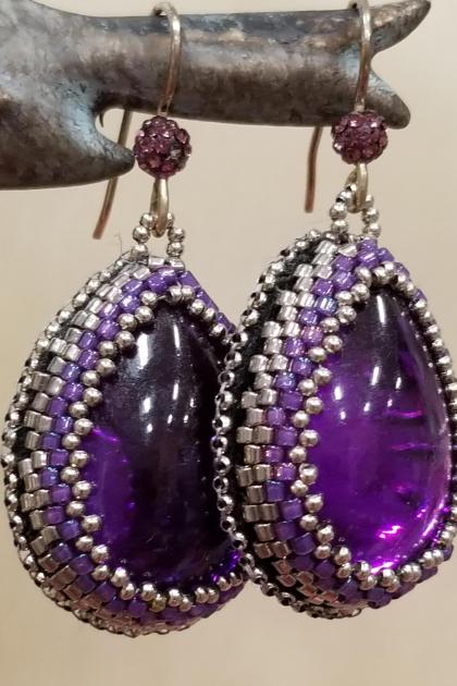 Purple Icy Rain Drop Bead Embroidered Earrings