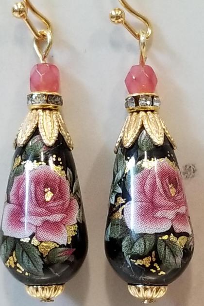 Japanese Style Black and Pink Rose Earrings