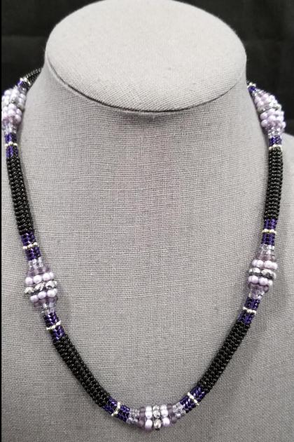 Lilac and Black Tubular Herringbone Beaded Station Necklace