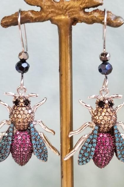 Magenta and Teal Crystal Bee Earrings