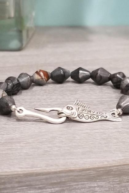 Men's Beaded Bracelet with Fish Clasp