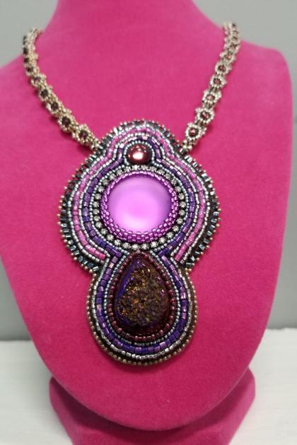 Luminous Purple and Magenta Druzy Bead Embroidered Necklace