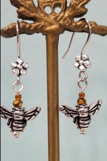 Tiny Silver Bee and Flower Earrings