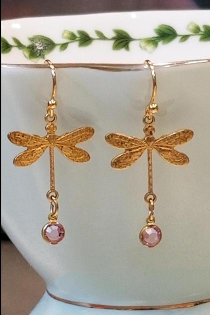 Small Dragonfly with Pink Charm Earrings