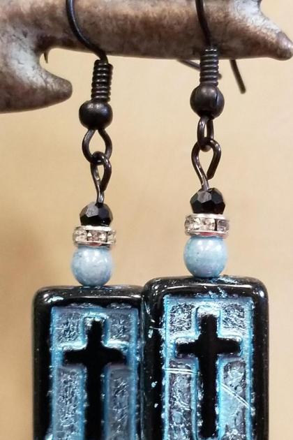 Black and Blue Glass Cross Earrings