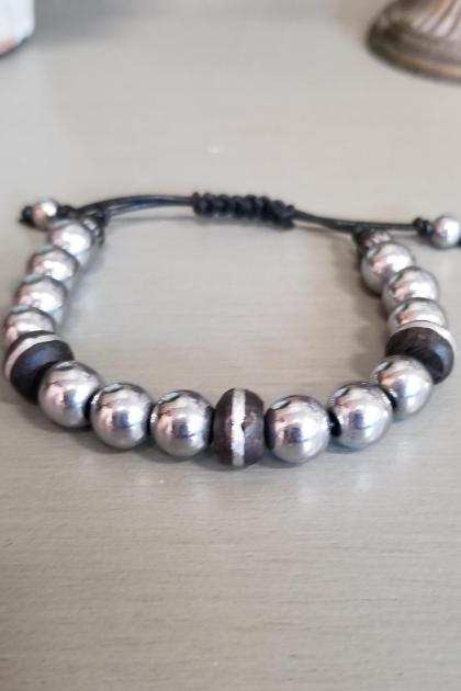 Men's Hematite and Wood Bead Bracelet