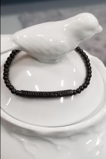 Gun Metal Black Bead and Black Pave Stretchy Bracelet
