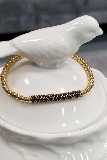 Yellow Gold Bead and Black Pave Stretchy Bracelet