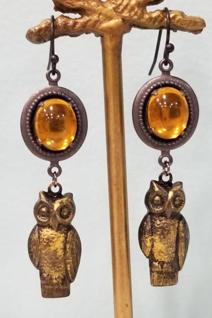 Golden Moon and Owl Earrings