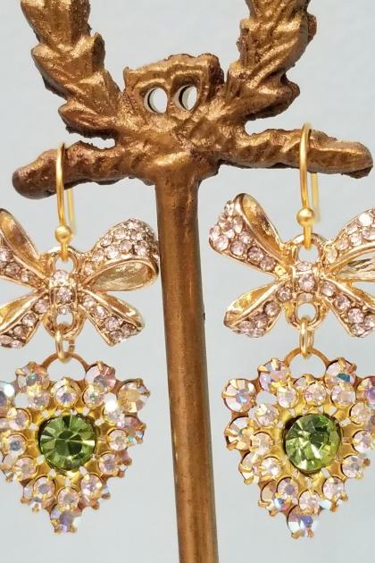 Peridot Green Crystal Heart and Bow Earrings