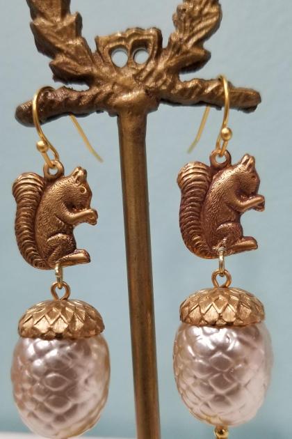 Squirrel and Pearl Acorn Earrings