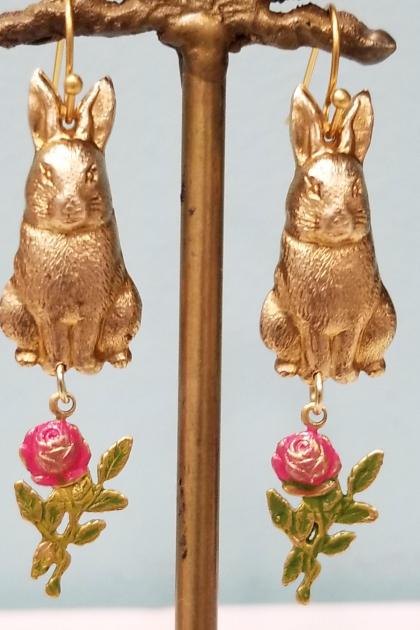 Bunny Rabbit and Rose Earrings
