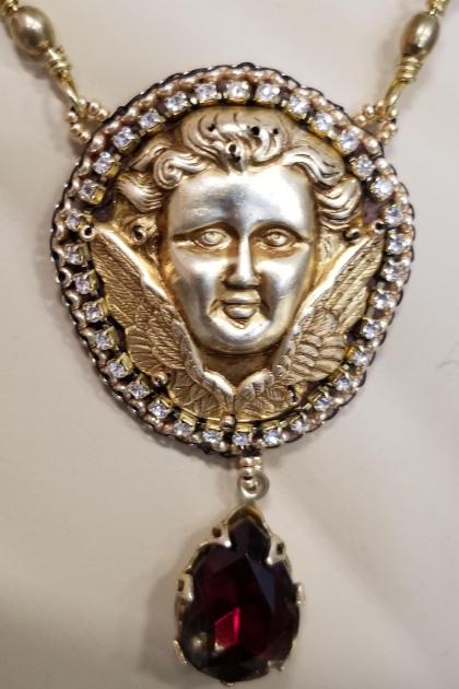 Vintage Cherub and Ruby Teardrop Necklace