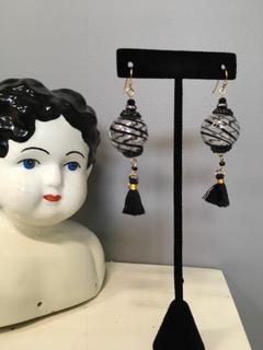 Blown Glass Black Swirl Globe with Tassles Earrings