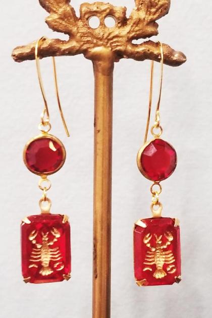 Vintage Ruby Lobster Intaglio Earrings