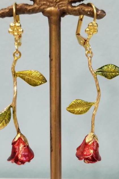 Long Stem Red Roses Earrings- Gold Toned (LARGER VERSION)