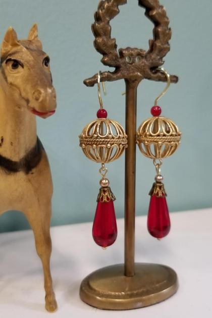 Caged Sphere Garnet Drop Earrings