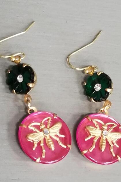 Preppy Pink and Green Bee Earrings