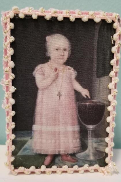 Folk Art Painting of Colonial Baby in Pink Dress Eating Strawberries Decorative Box