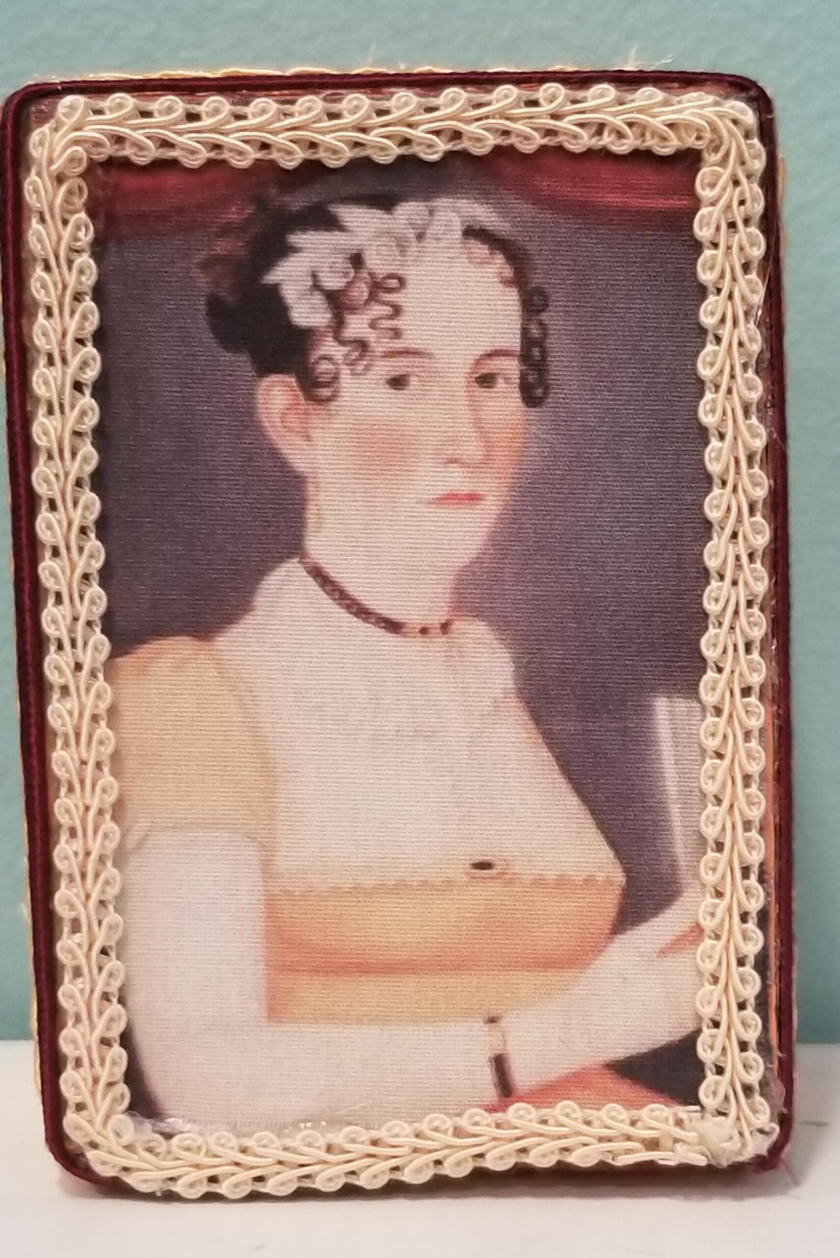 Folk Art Portrait of Colonial Woman with Peach Dress and Fan Decorative Box