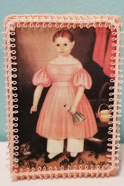 Primitive Colonial Girl in Peach Dress with Cat Decorative Box