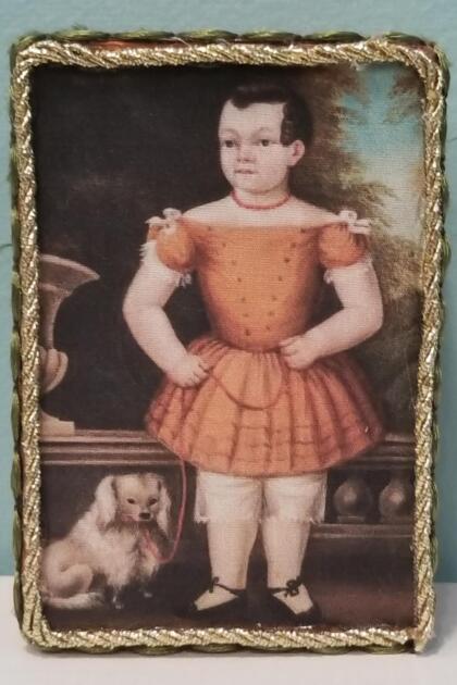 Primitive Folk Art Portrait of Child in Orange Dress with Dog Decorative Box