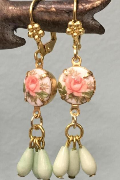 ROMANTIC ROSE and MINT GREEN DANGLE EARRINGS