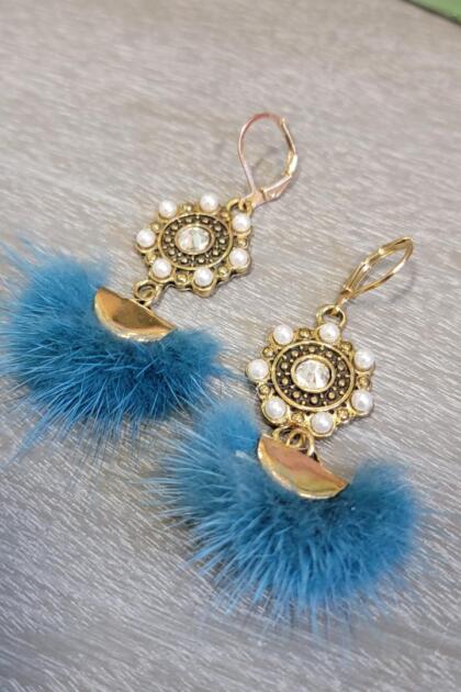 French Blue Faux Fur Earrings with Pearl Accents