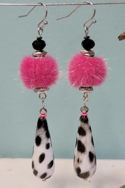 Hot Pink Fuzzy Dalmatian Earrings