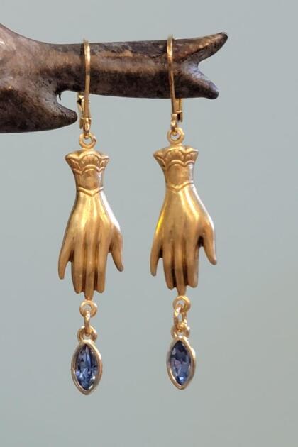 Brass Hand and Blue Marquis Gem Earrings