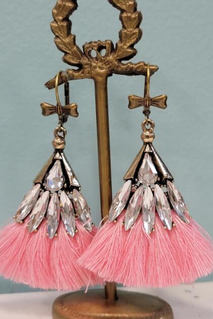 Pink Tassel and Rhinestone Earrings