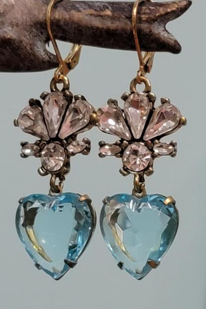 Aquamarine Blue Heart and Rhinestone Earrings