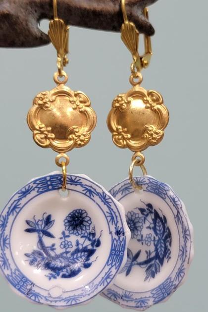 Blue and White Chinoiserie Porcelain Plate Earrings