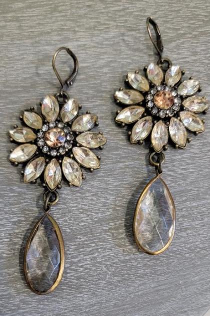 Topaz and Champagne Crystal Flower Earrings