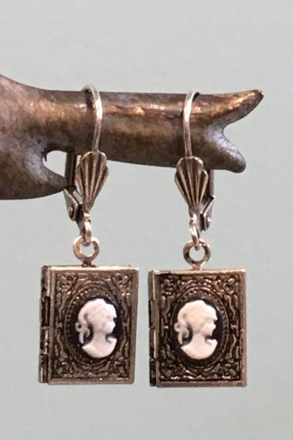 LITTLE SILVER CAMEO BOOK LOCKET EARRINGS