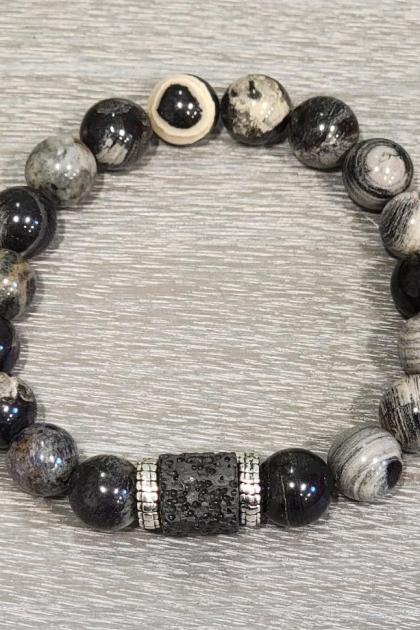 Men's Black Silver Leaf Jasper with Black Lava Cube Bracelet