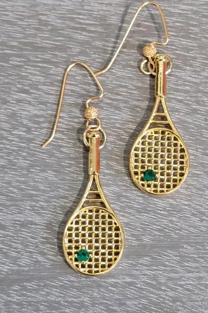 Golden Tennis Racquet Earrings with Emerald Green Ball
